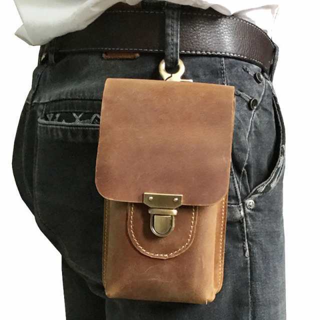 ウエストバッグ メンズ 本革 ウエストポーチ ブラウン ベルトバッグ 小型 革バッグ 携帯、財布収納 ベルトポーチ シザーバッグ 2室 携帯