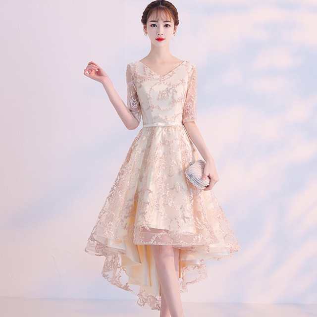 シャンパンゴールド フィッシュテール ドレス Vネック ショート丈 大きいサイズ ワンピース お呼ばれ 結婚式 韓国 パーティードレス
