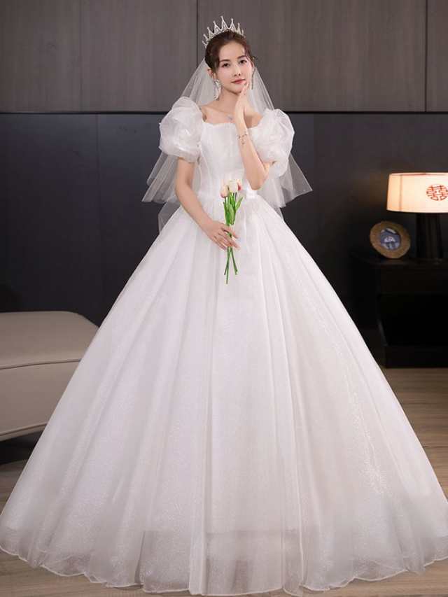 ウェディングドレス プリンセスライン ロングドレス プリンセスドレス ホワイト パフスリーブ お嫁さん 結婚式 編み上げ シンプル 無地